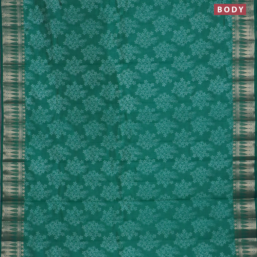 Semi raw silk saree teal green with floral butta prints and zari woven border