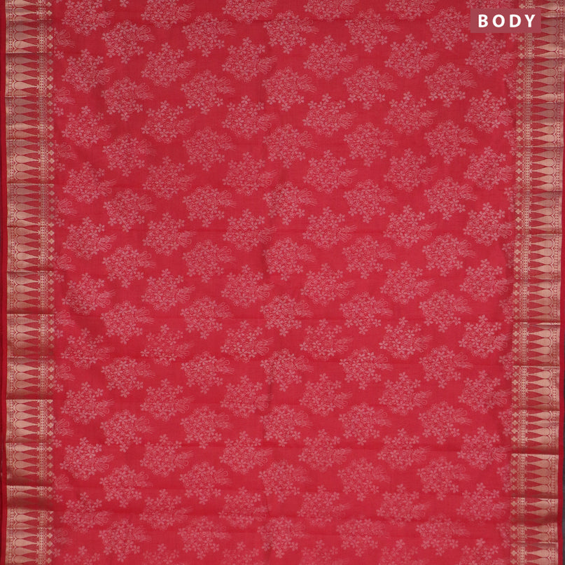 Semi raw silk saree red with floral butta prints and zari woven border