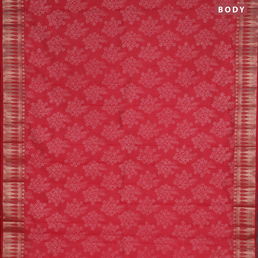 Semi raw silk saree red with floral butta prints and zari woven border