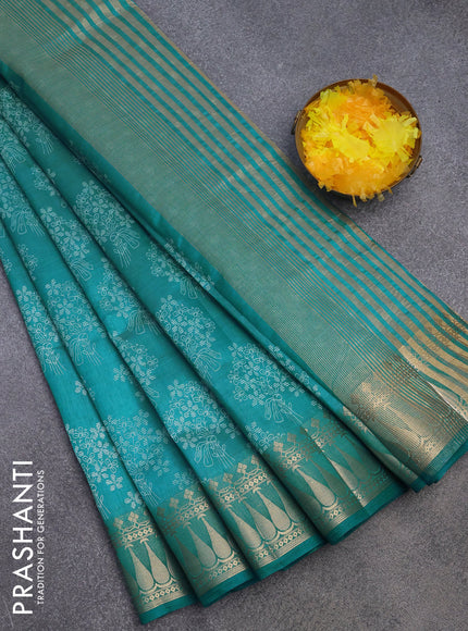 Semi raw silk saree teal blue with floral butta prints and zari woven border