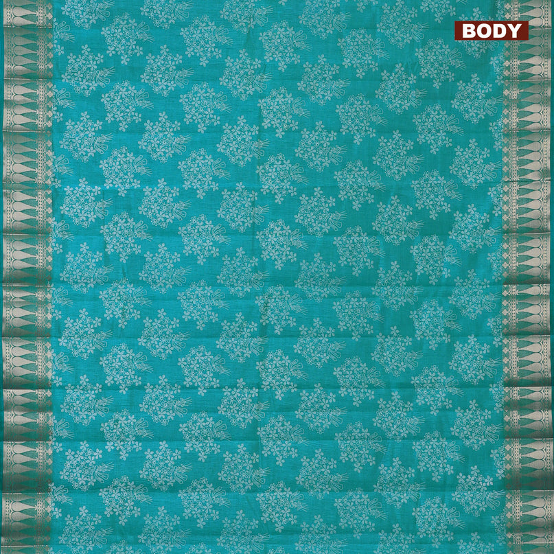 Semi raw silk saree teal blue with floral butta prints and zari woven border