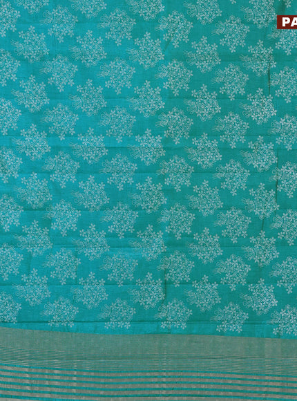 Semi raw silk saree teal blue with floral butta prints and zari woven border