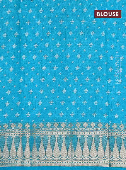 Semi raw silk saree teal blue with floral butta prints and zari woven border