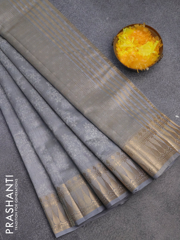 Semi raw silk saree grey with floral butta prints and zari woven border