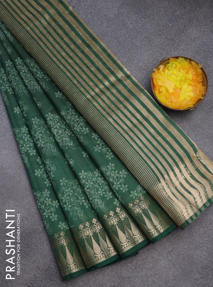 Semi raw silk saree bottle green with floral butta prints and zari woven border