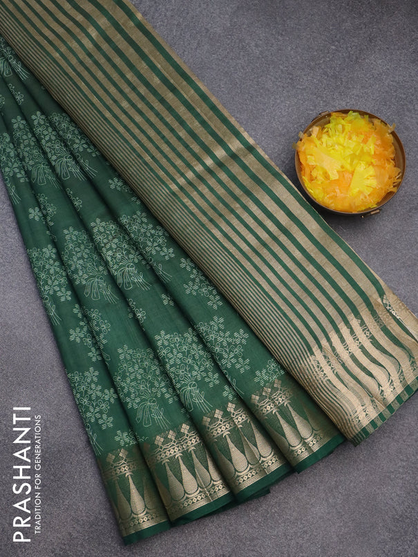 Semi raw silk saree bottle green with floral butta prints and zari woven border