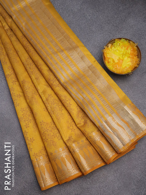 Semi raw silk saree dark mustard with floral butta prints and zari woven border