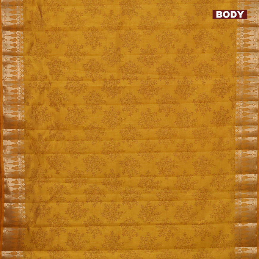 Semi raw silk saree dark mustard with floral butta prints and zari woven border