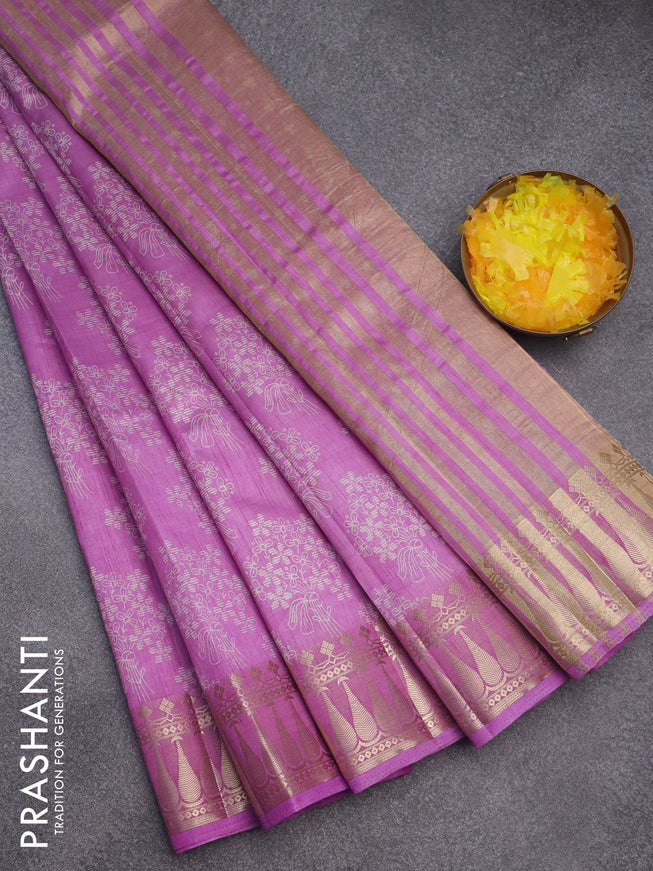 Semi raw silk saree lavender with floral butta prints and zari woven border