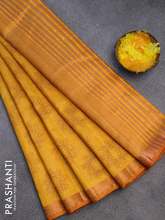 Semi raw silk saree mustard yellow with butta prints and copper zari woven border