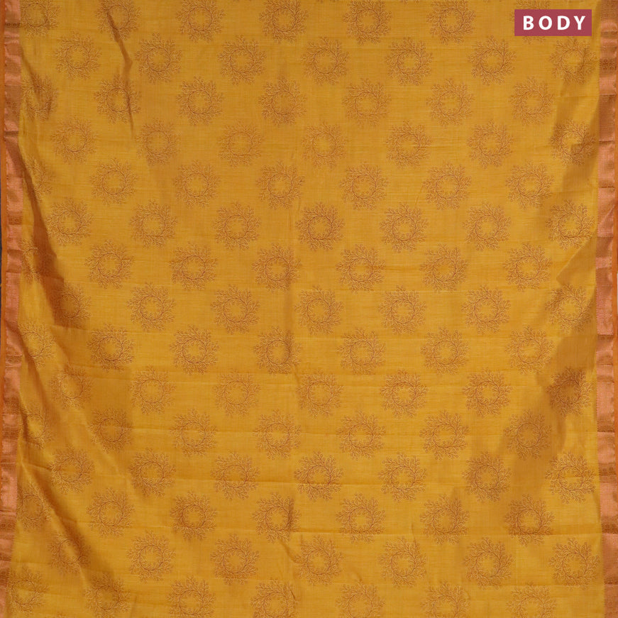 Semi raw silk saree mustard yellow with butta prints and copper zari woven border