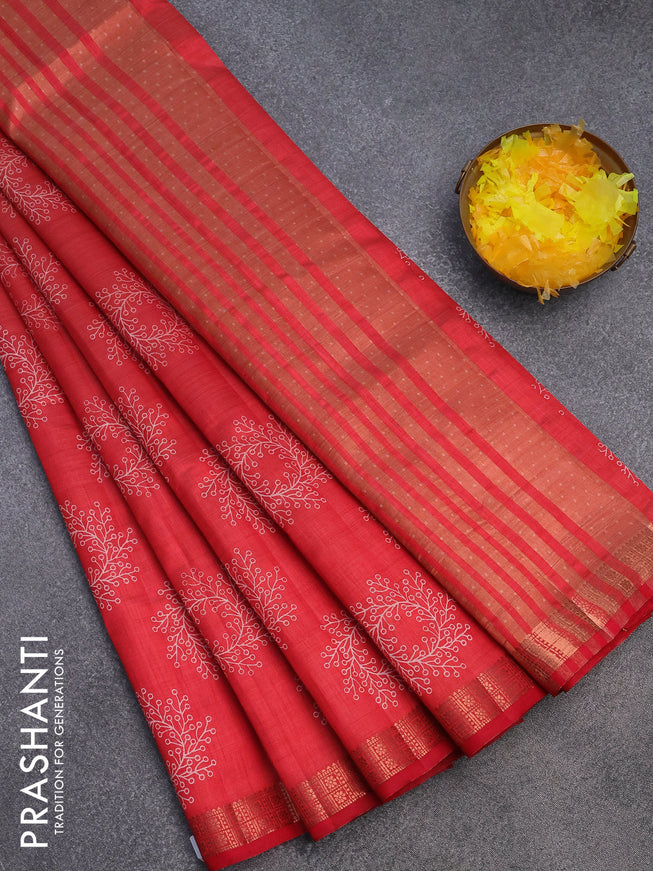 Semi raw silk saree red with butta prints and copper zari woven border