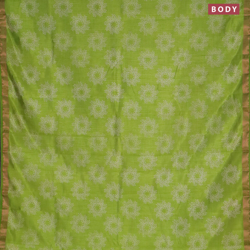 Semi raw silk saree light green with butta prints and copper zari woven border