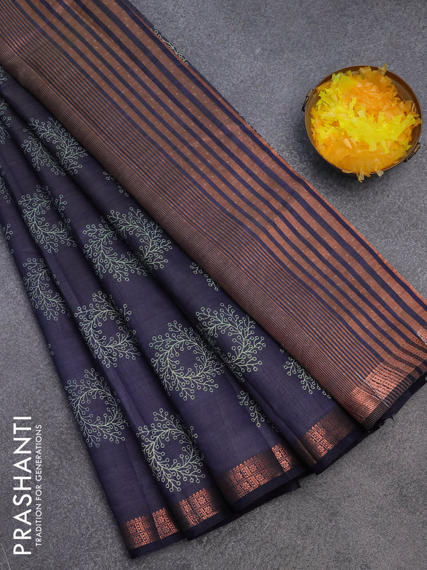 Semi raw silk saree navy blue with butta prints and copper zari woven border