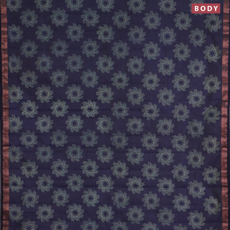 Semi raw silk saree navy blue with butta prints and copper zari woven border