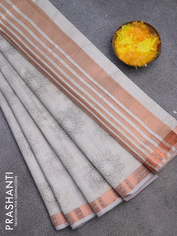 Semi raw silk saree grey with butta prints and copper zari woven border