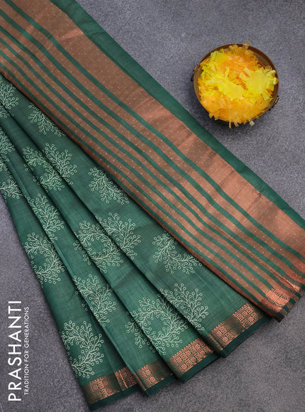 Semi raw silk saree green with butta prints and copper zari woven border