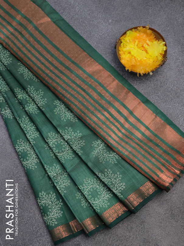 Semi raw silk saree green with butta prints and copper zari woven border