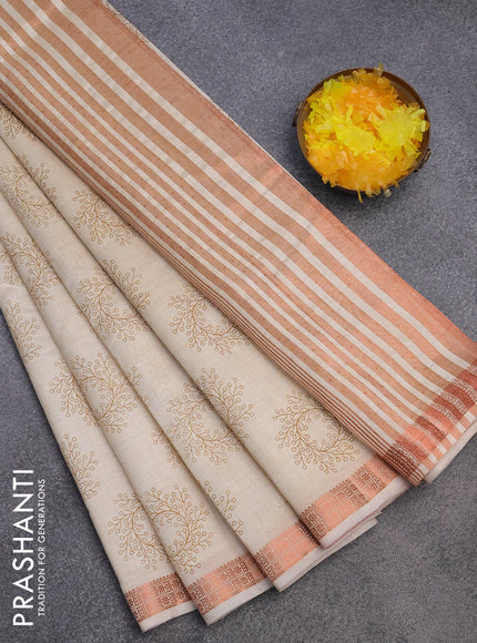 Semi raw silk saree cream with butta prints and copper zari woven border