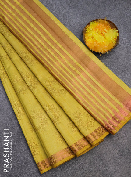 Semi raw silk saree yellow with butta prints and copper zari woven border