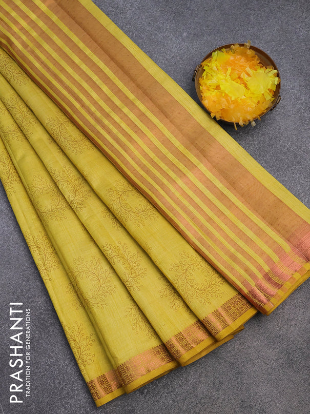 Semi raw silk saree yellow with butta prints and copper zari woven border