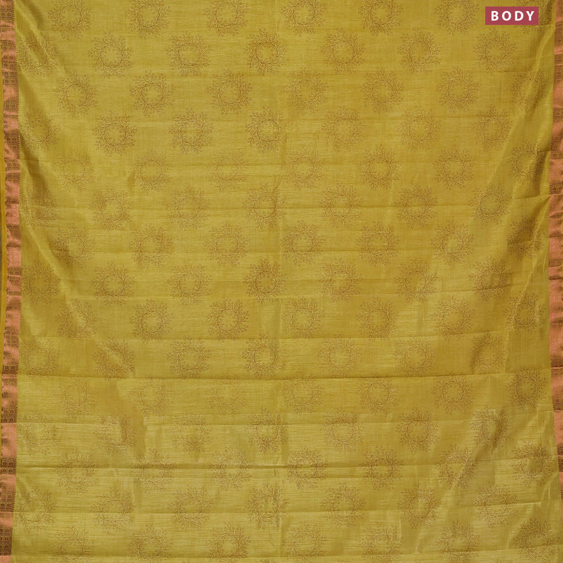 Semi raw silk saree yellow with butta prints and copper zari woven border