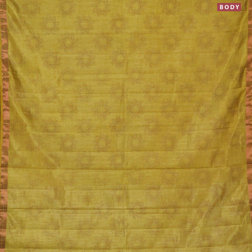 Semi raw silk saree yellow with butta prints and copper zari woven border