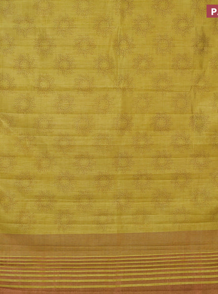 Semi raw silk saree yellow with butta prints and copper zari woven border