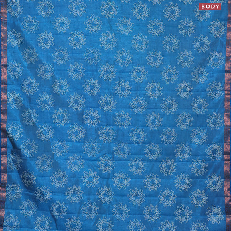 Semi raw silk saree cs blue with butta prints and copper zari woven border