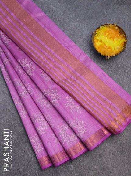 Semi raw silk saree lavender with butta prints and copper zari woven border