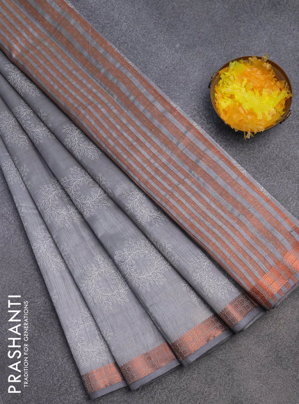 Semi raw silk saree grey with butta prints and copper zari woven border