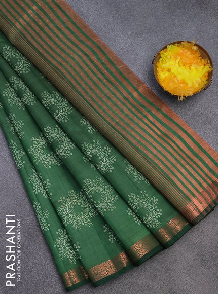 Semi raw silk saree green with butta prints and copper zari woven border