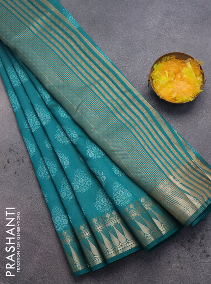 Semi raw silk saree teal green with butta prints and zari woven border