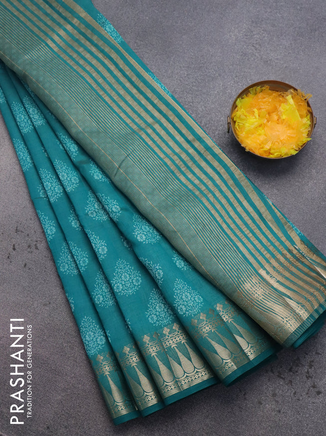 Semi raw silk saree teal green with butta prints and zari woven border