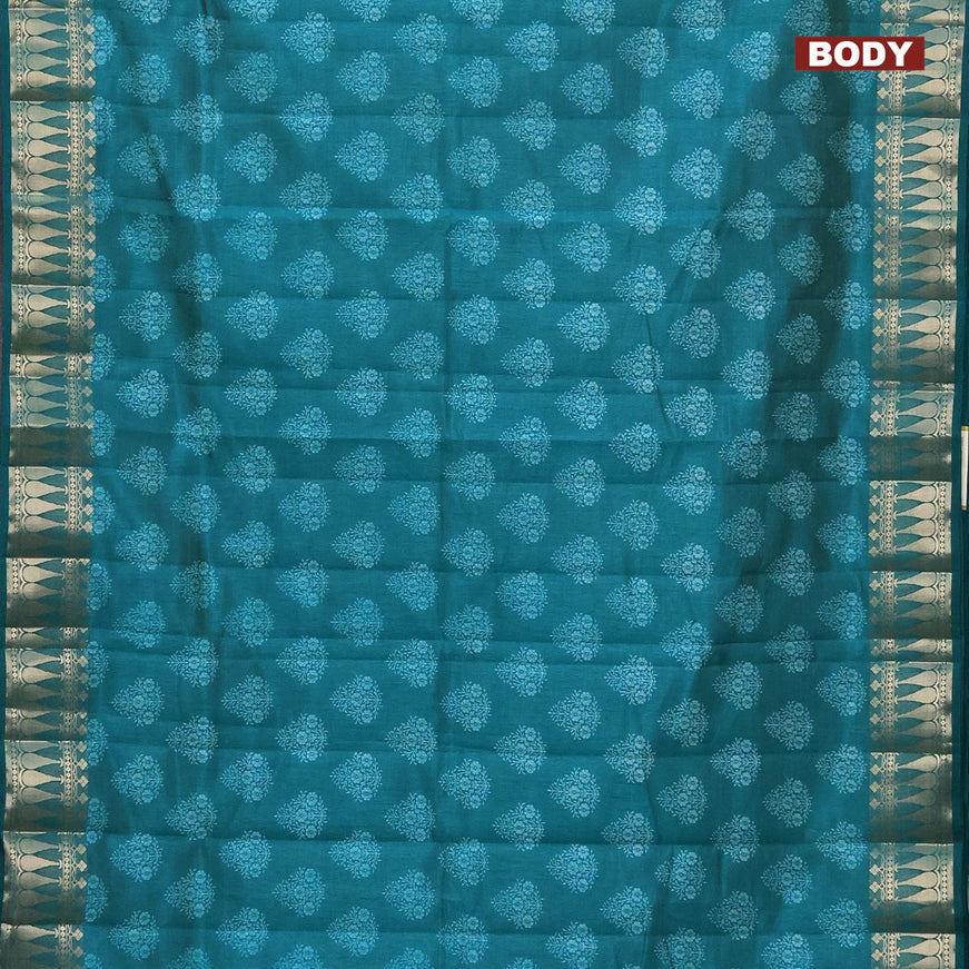 Semi raw silk saree teal green with butta prints and zari woven border