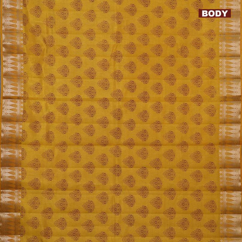 Semi raw silk saree mustard yellow with butta prints and zari woven border