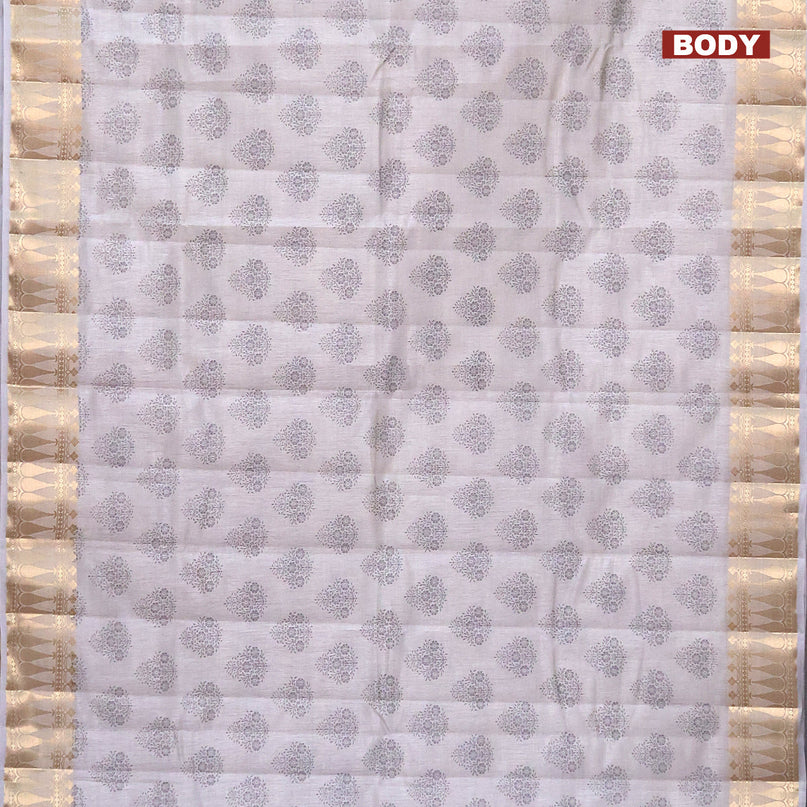 Semi raw silk saree pastel grey with butta prints and zari woven border