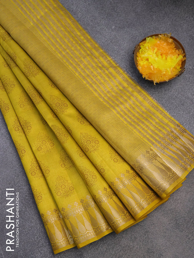 Semi raw silk saree mustard yellow with butta prints and zari woven border