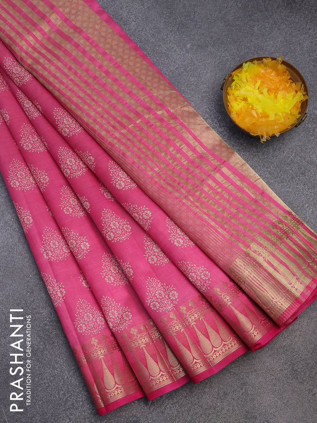 Semi raw silk saree pink with butta prints and zari woven border