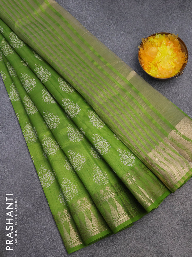 Semi raw silk saree mehendi green with butta prints and zari woven border