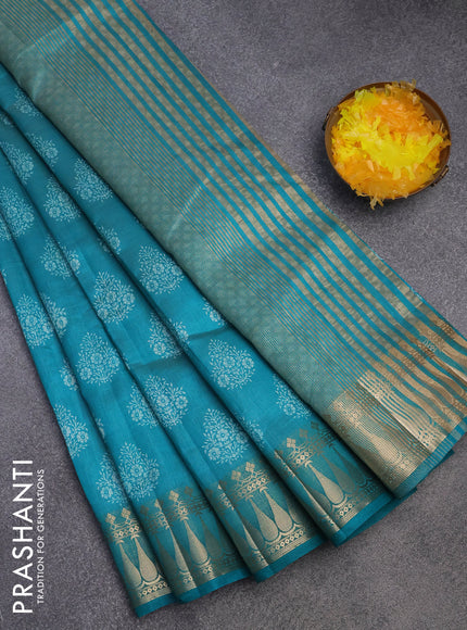 Semi raw silk saree teal green with butta prints and zari woven border