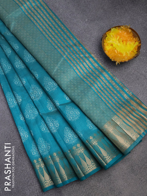 Semi raw silk saree teal green with butta prints and zari woven border