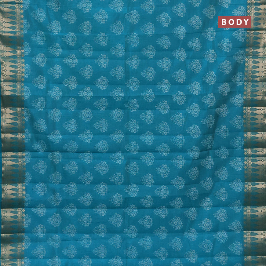 Semi raw silk saree teal green with butta prints and zari woven border