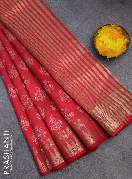 Semi raw silk saree red with butta prints and zari woven border