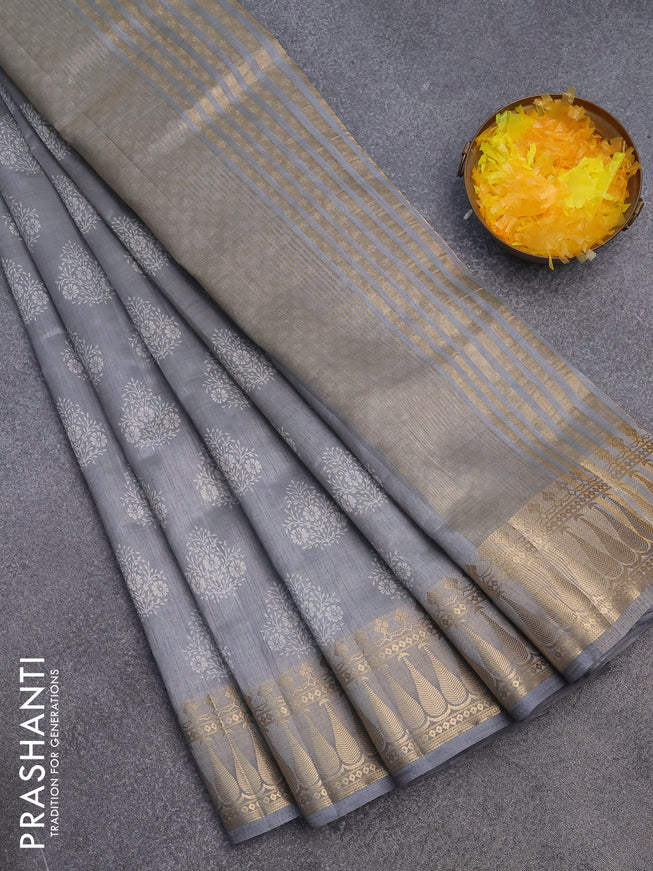 Semi raw silk saree grey with butta prints and zari woven border