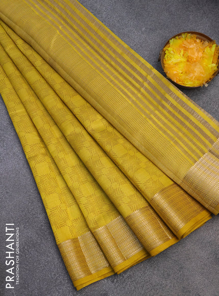 Semi raw silk saree yellow with allover prints and zari woven border