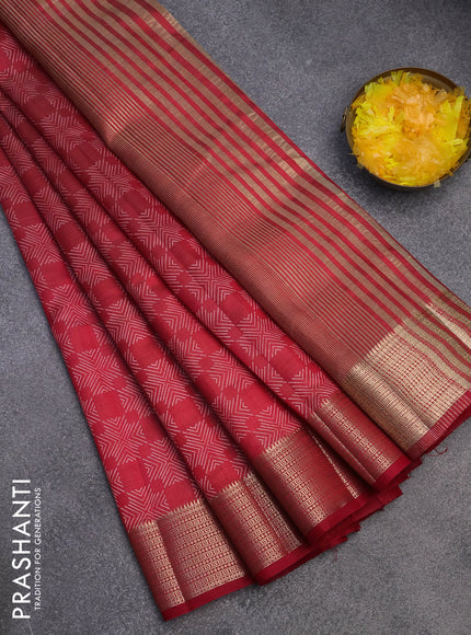 Semi raw silk saree red with allover prints and zari woven border