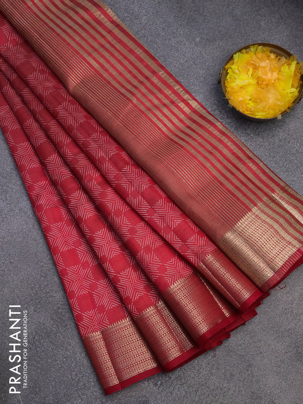 Semi raw silk saree red with allover prints and zari woven border