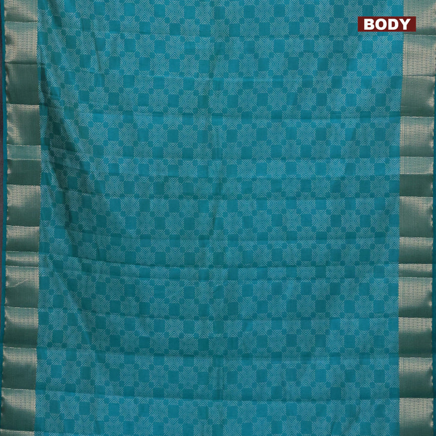 Semi raw silk saree teal blue with allover prints and zari woven border