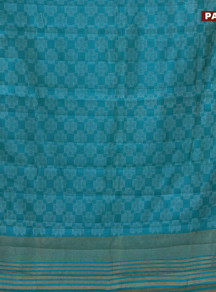 Semi raw silk saree teal blue with allover prints and zari woven border